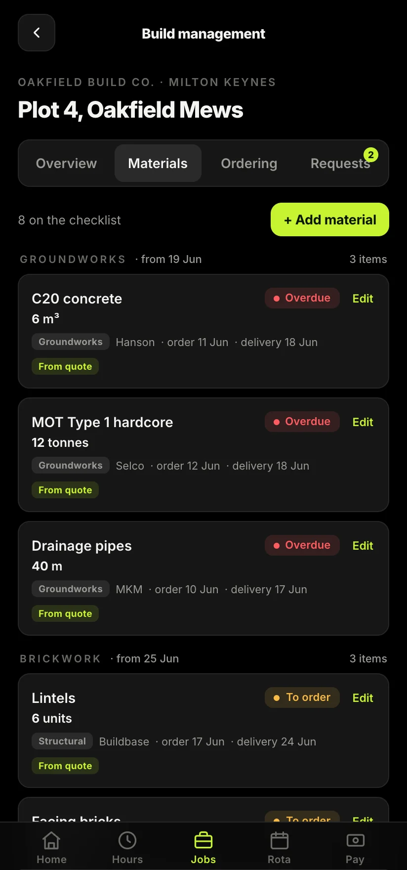 The Sitewise app showing a materials list tracked against a groundworks job