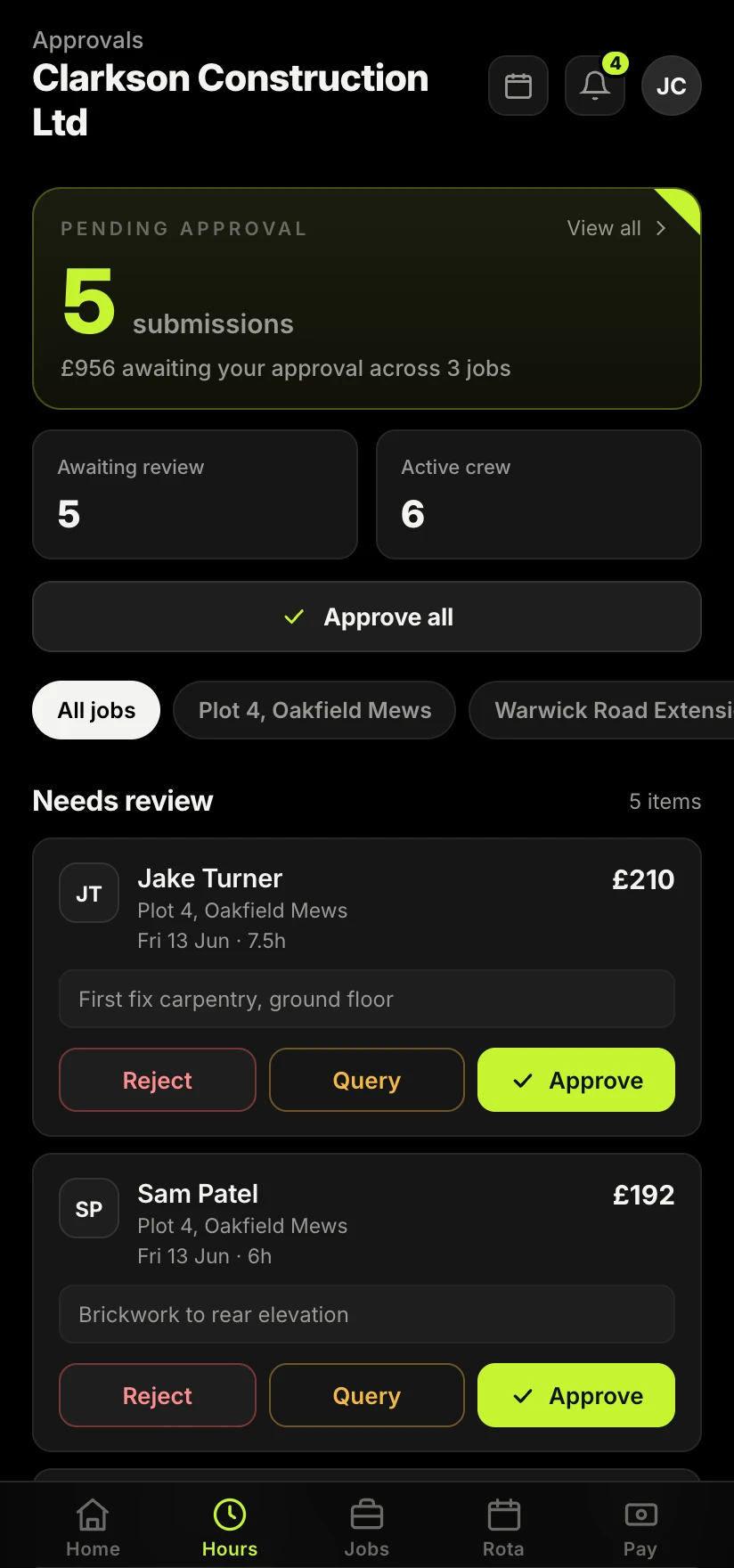 The Sitewise app showing the office approving submitted hours