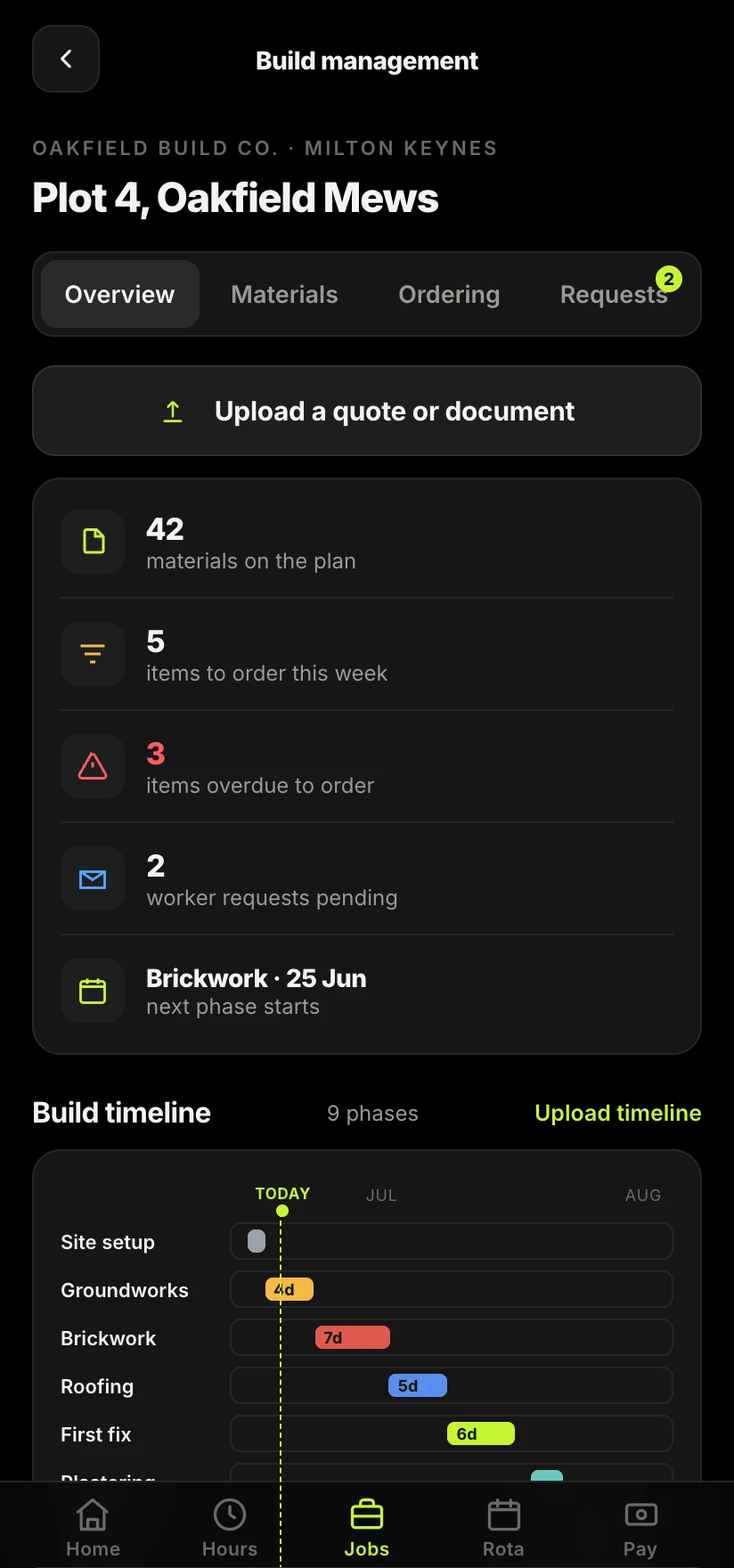 The Sitewise app showing hours, money and documents on one job