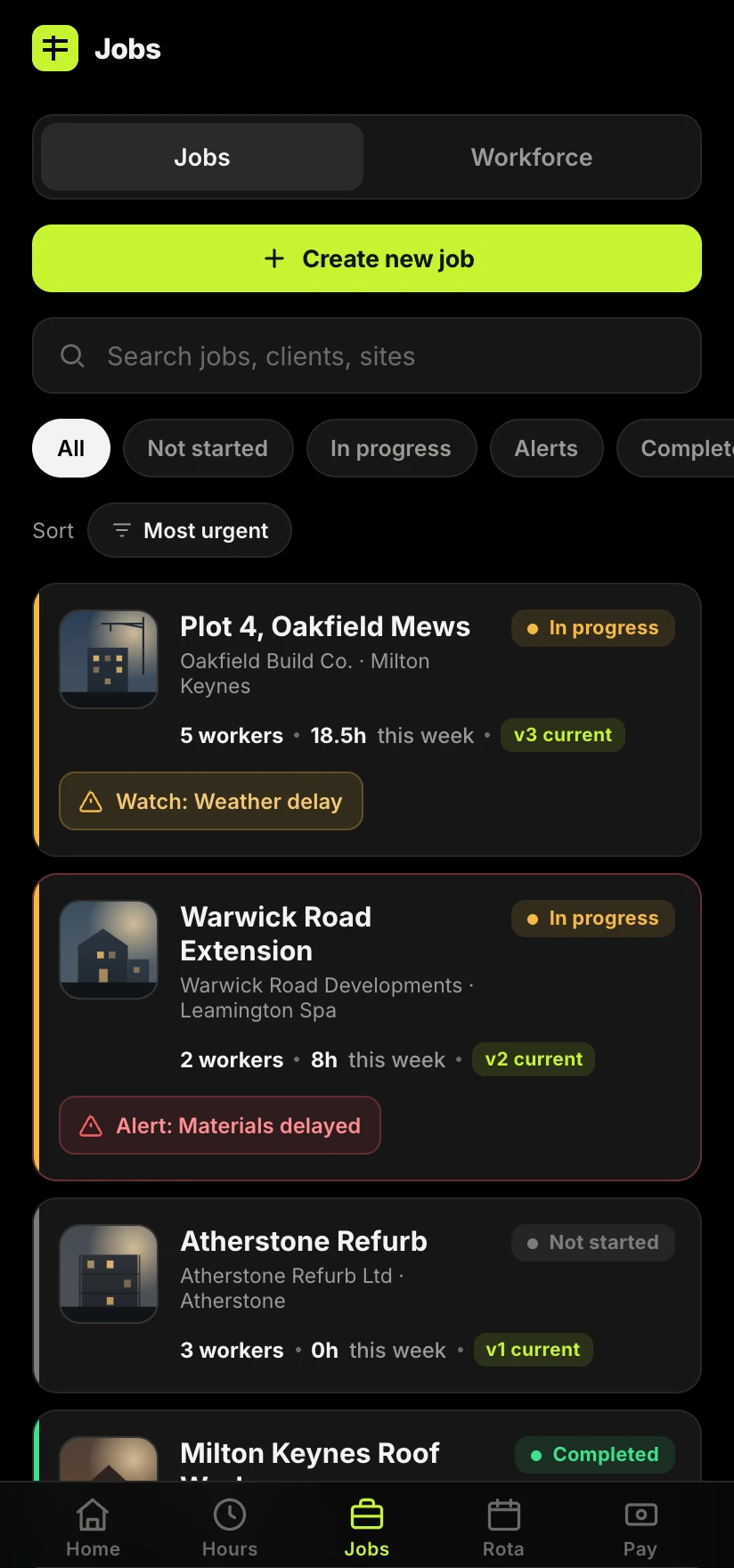 The Sitewise app showing all jobs with their people, money and paperwork