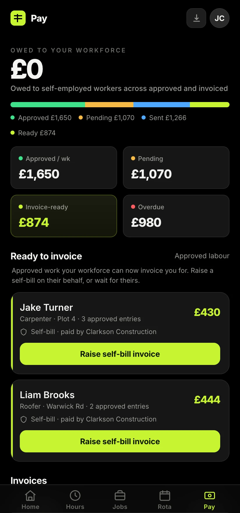 The Sitewise app showing an electrician's invoice with CIS worked out