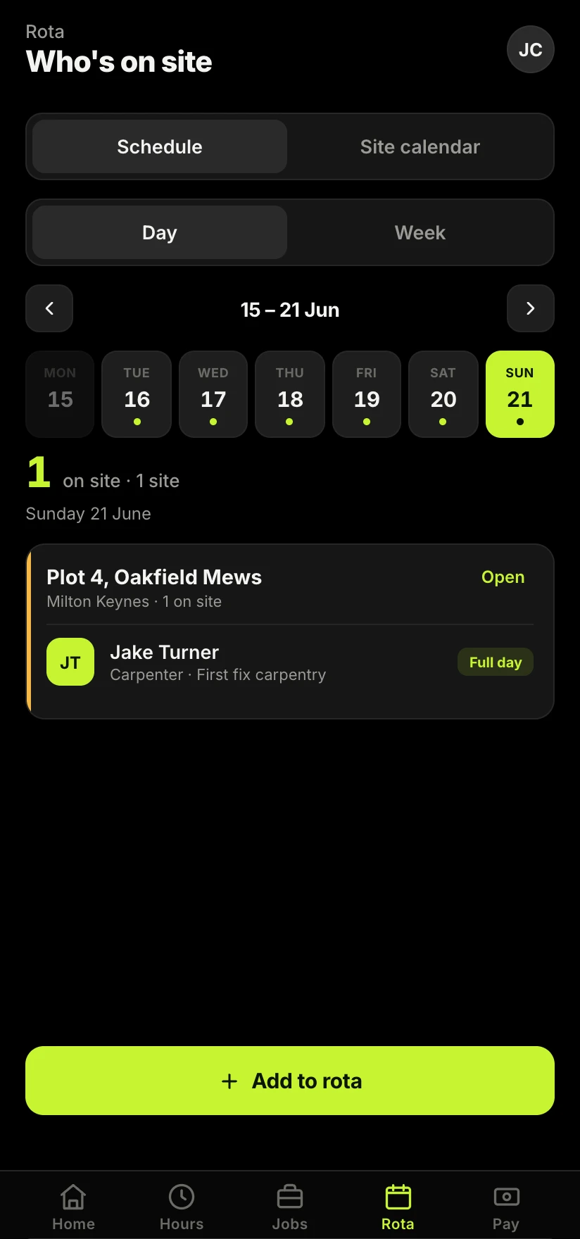 The Sitewise app showing approved hours feeding the rota and pay