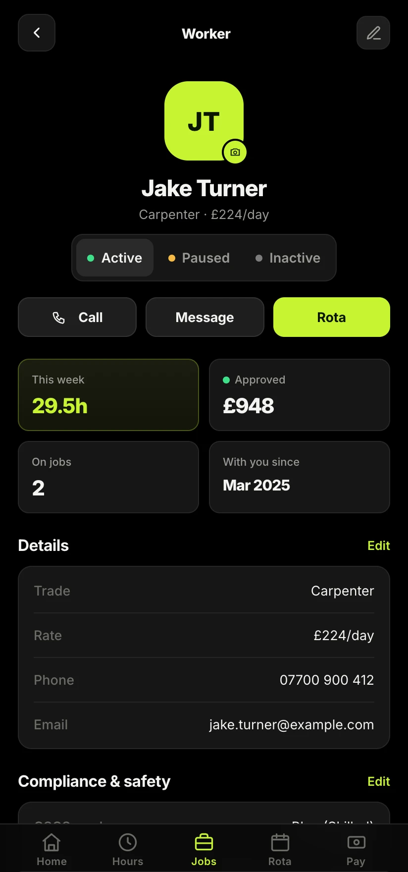 The Sitewise app showing a worker profile with pay and CIS records
