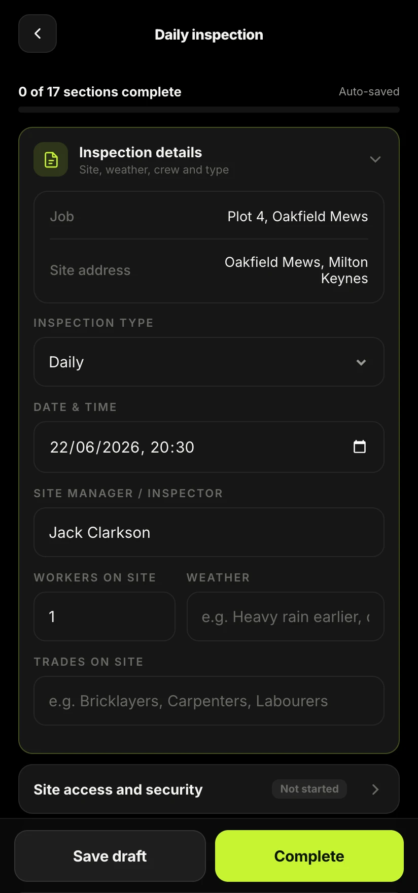 The Sitewise app showing a site safety inspection checklist