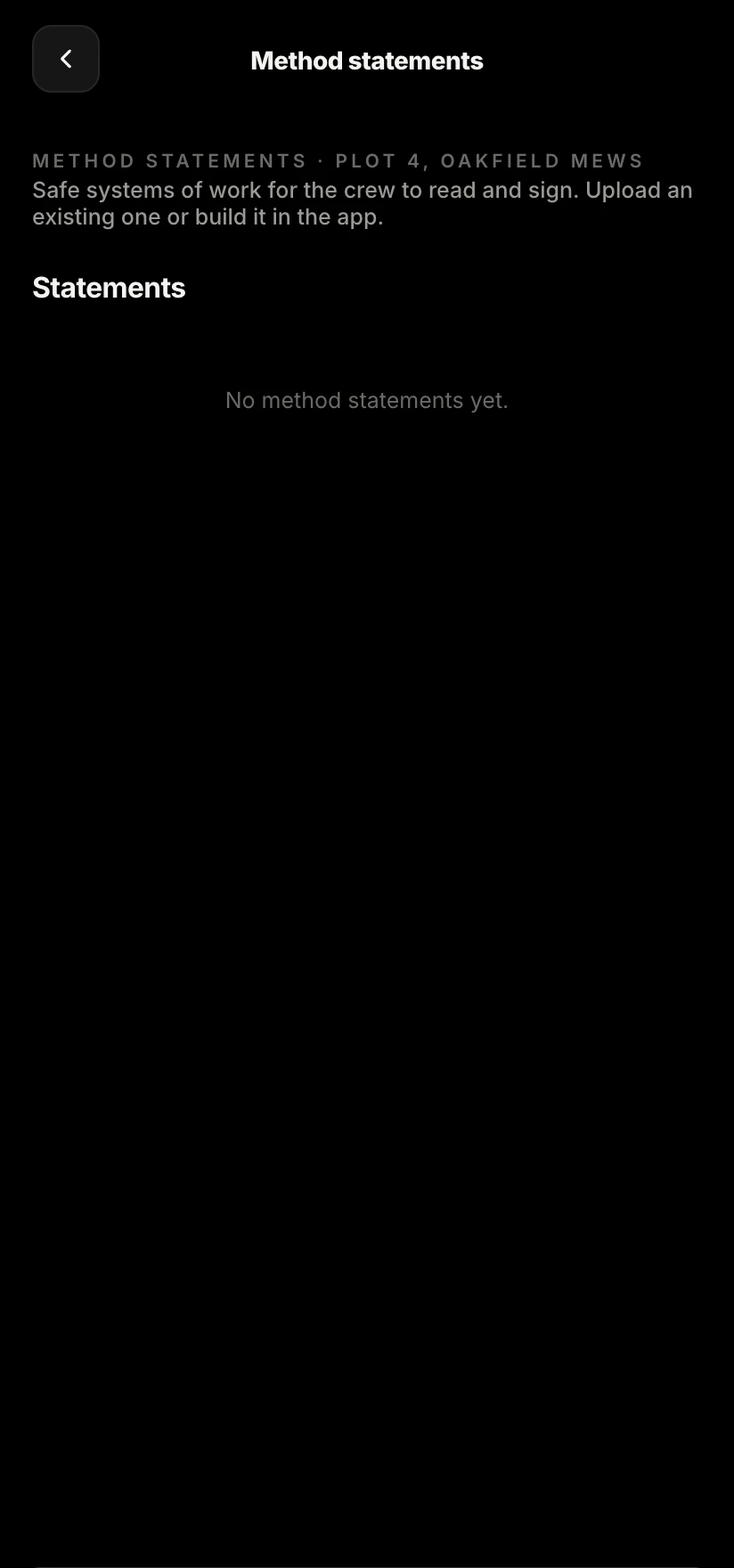 The Sitewise app showing a method statement built against a roofing job