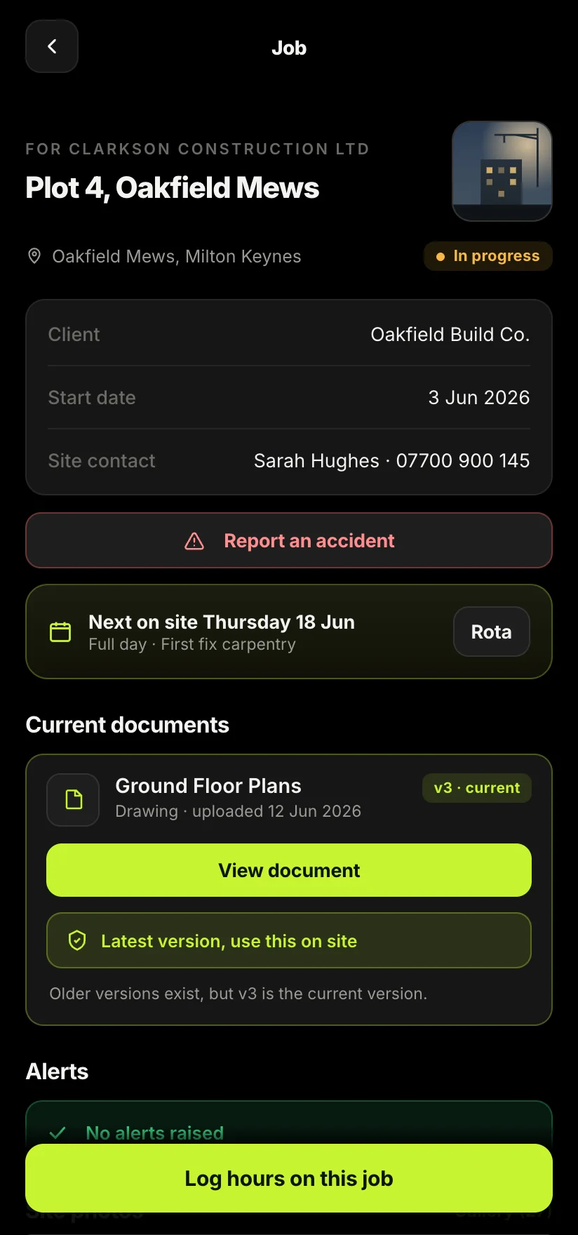 Worker viewing their job, documents and next shift in the Sitewise app
