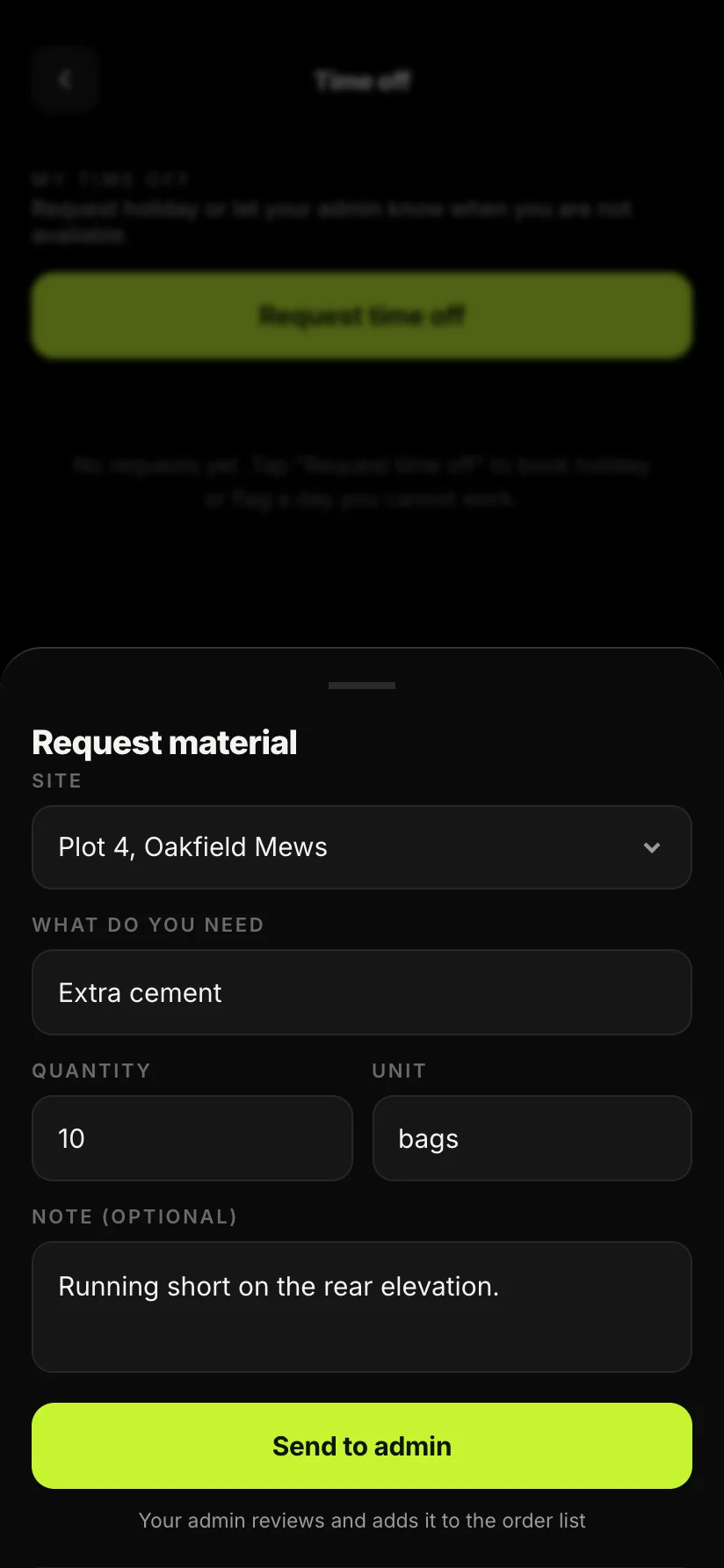 The Sitewise app showing a worker requesting materials from site