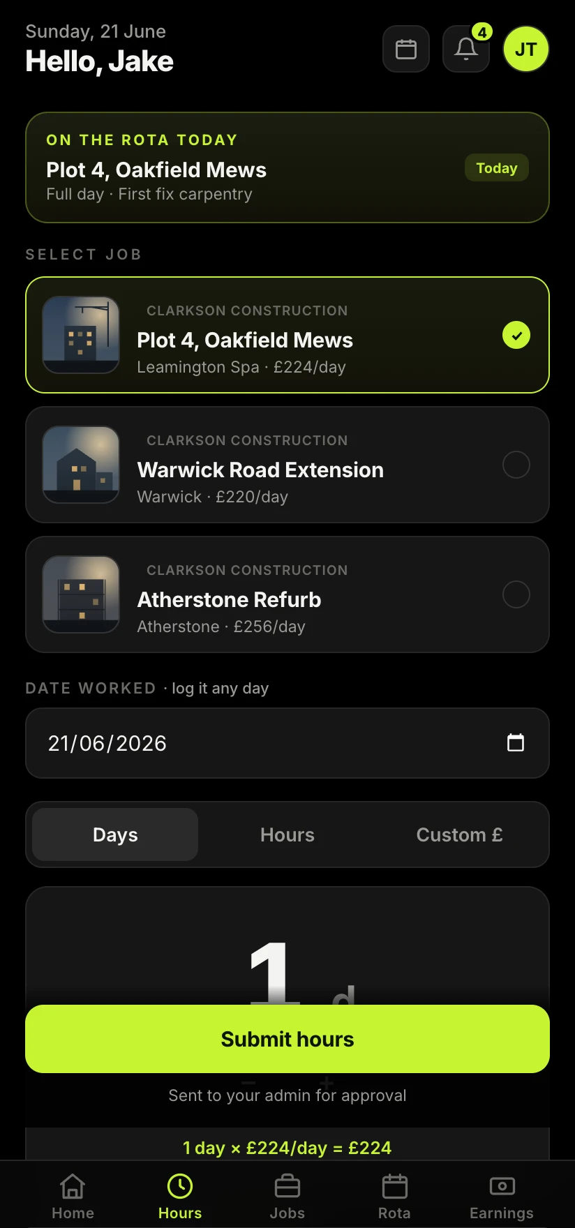 The Sitewise app showing a carpenter logging hours against a job