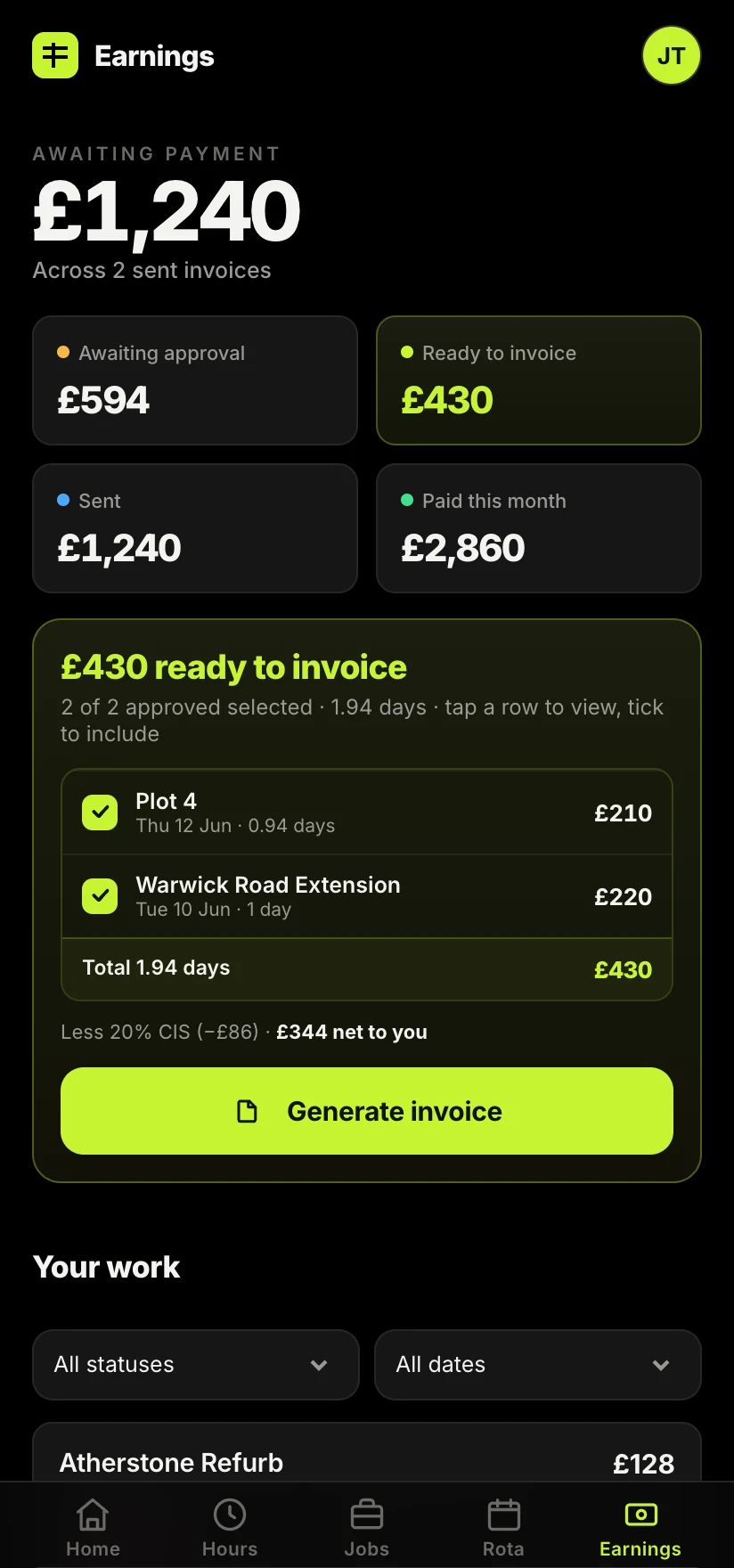 The Sitewise app showing a plumber's pay with the CIS deduction