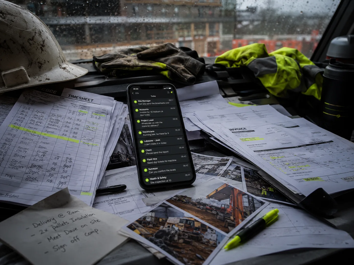 A desk covered in construction paperwork and receipts