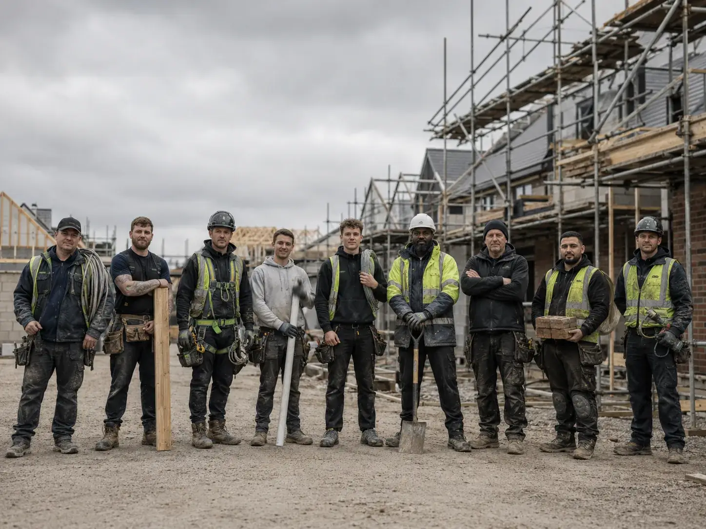 A UK construction crew of builders, groundworkers and trades in hi-vis on a housing site using the Sitewise app