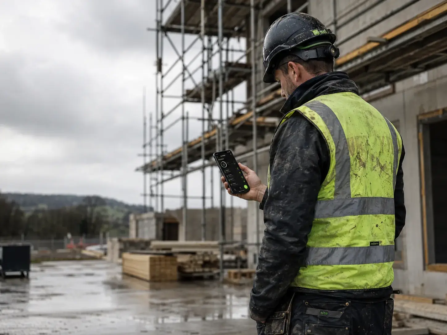 Construction worker in hi-vis using the Sitewise app on site, scaffolding behind